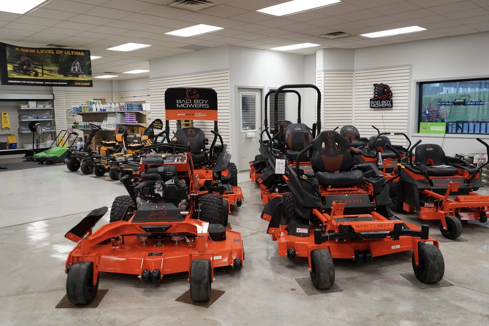 Bad Boy zero-turn mowers lined up on the showroom floor